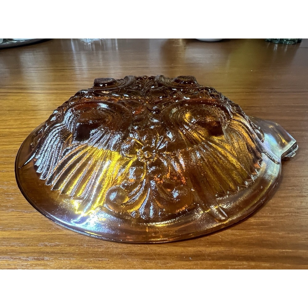 Vintage Amber Iridescent Carnival Glass Round Handled Tray, Pressed Decorative - Picture 3 of 5